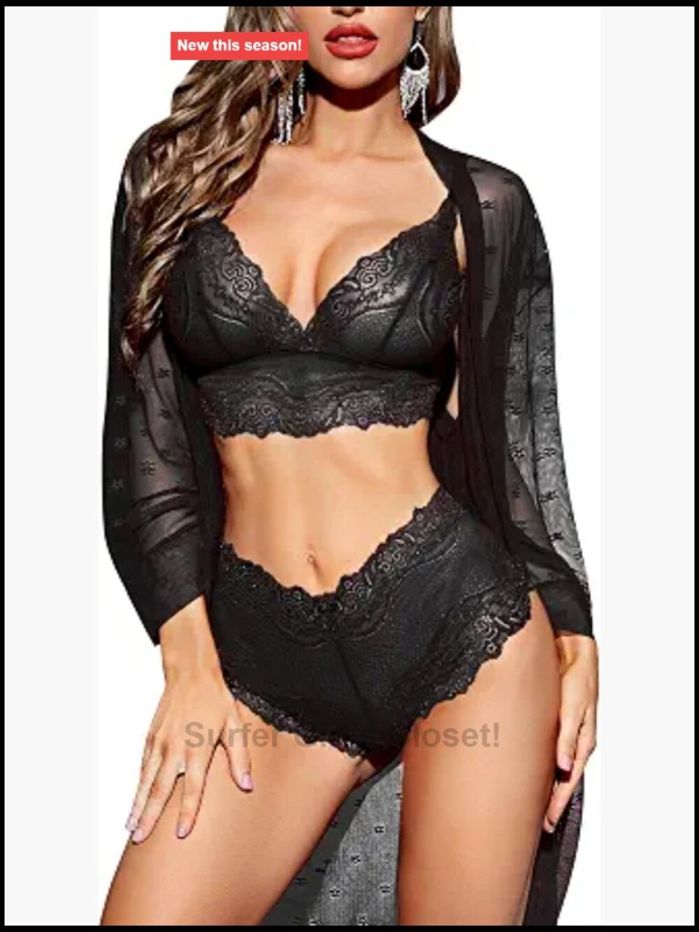 RSLOVE Lace Bra Panty Set with Robe 3 Piece Lingerie Sleepwear